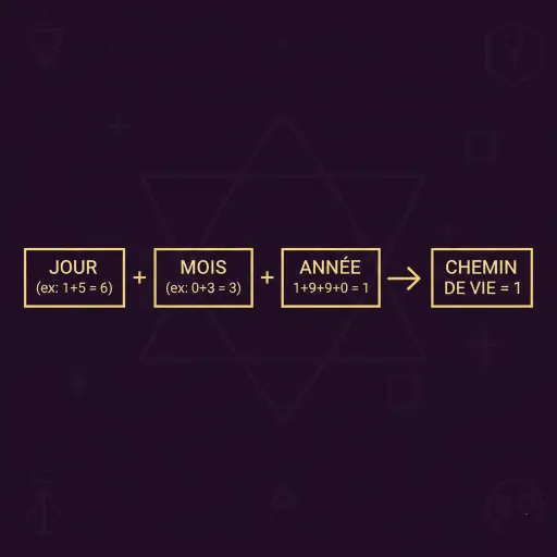 Infographie montrant le calcul du chemin de vie en numérologie par addition du Jour, du Mois et de l'Année de naissance