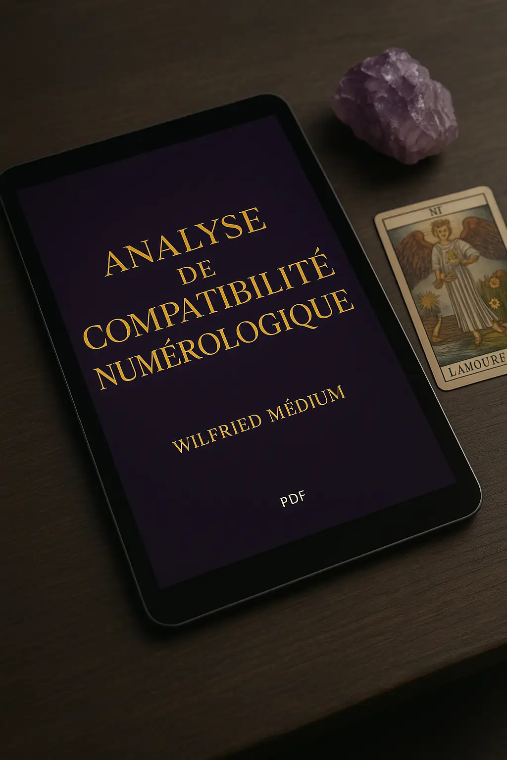 Aperçu du rapport PDF de 15 pages de l'analyse de compatibilité amoureuse numérologie sur une tablette
